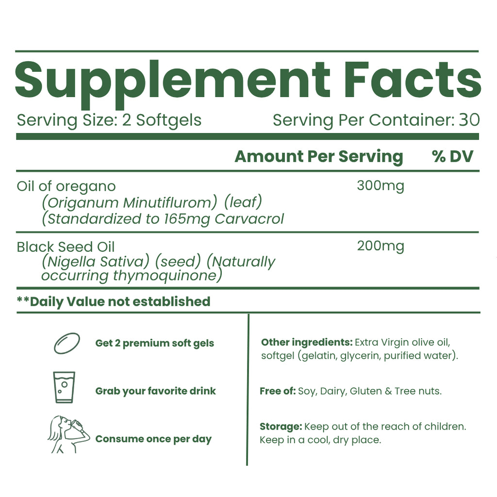 Herbal-Formulated Gut & Immune Support Softgels Featuring Oregano Oil & Black Seed Oil